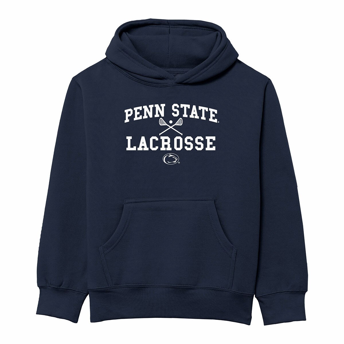 navy youth hooded sweatshirt with Penn State Lacrosse, crossed sticks, ball, and Athletic Logo